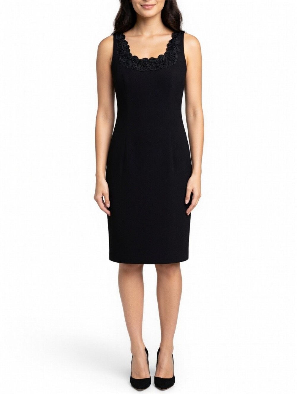 Joseph Ribkoff 90's Black Sleeveless Sheath Dress with Rosette Trim Size 6P